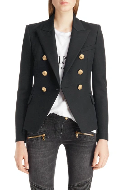Balmain Black Double-breasted Jacket With Branded Buttons And Asymmetric Cut In Wool Woman In Black