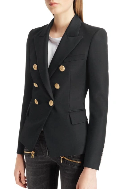 Balmain Black Double-breasted Jacket With Branded Buttons And Asymmetric Cut In Wool Woman In Black