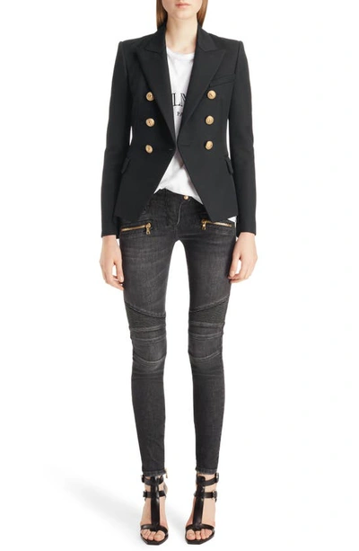Balmain Black Double-breasted Jacket With Branded Buttons And Asymmetric Cut In Wool Woman In Black