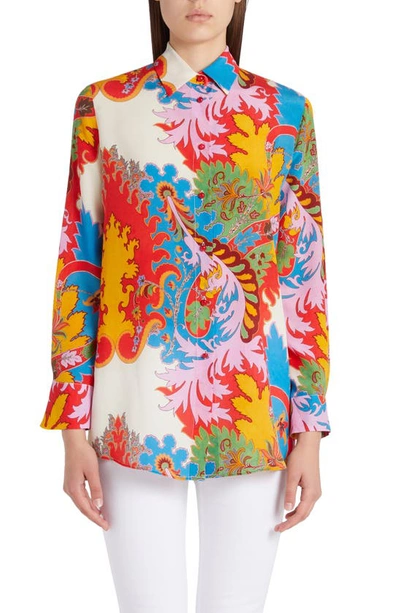 Shop Etro Floral Print Silk Button-up Blouse In Red