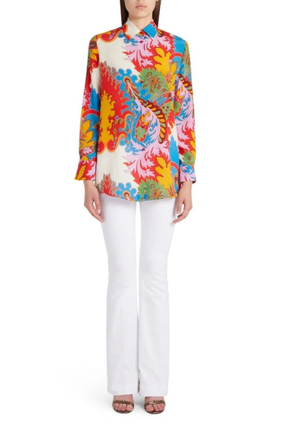 Shop Etro Floral Print Silk Button-up Blouse In Red