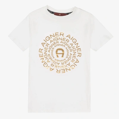 Shop Aigner Boys White & Gold Logo T-shirt