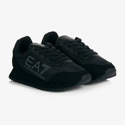 Shop Ea7 Emporio Armani Black Faux Leather Logo Trainers