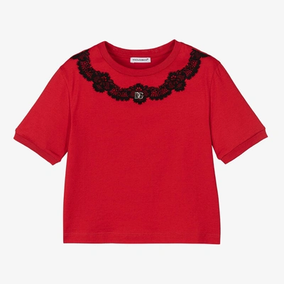 Shop Dolce & Gabbana Girls Red Cotton T-shirt