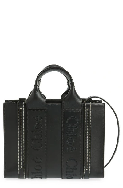 Shop Chloé Small Woody Leather Tote In Black