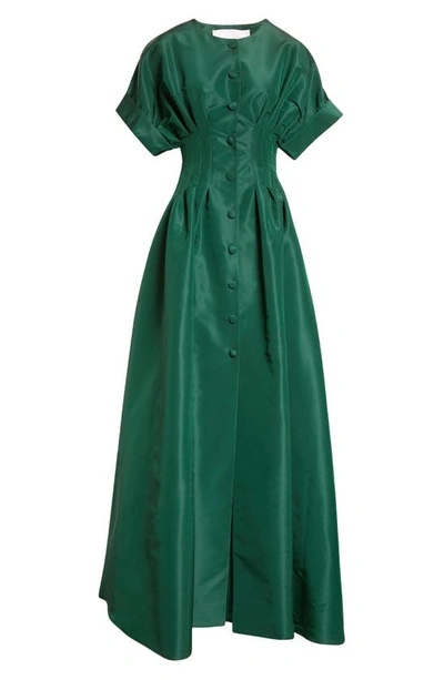 Shop Carolina Herrera Roll Sleeve Silk Gown In Racing Green