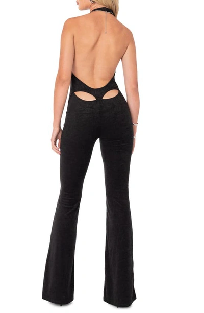 Shop Edikted Terri Halter Wide Leg Velvet Jumpsuit In Black