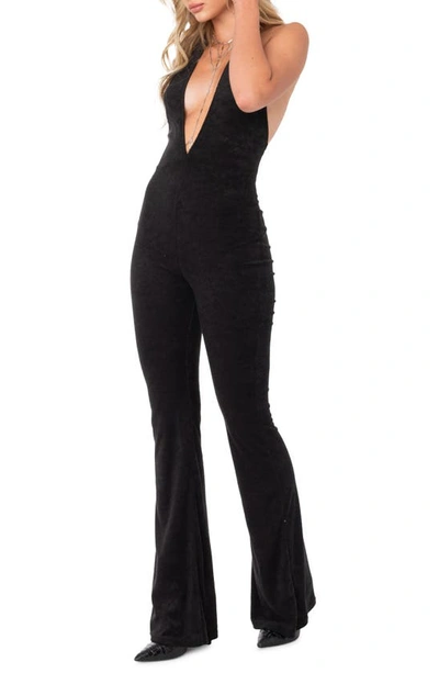Shop Edikted Terri Halter Wide Leg Velvet Jumpsuit In Black
