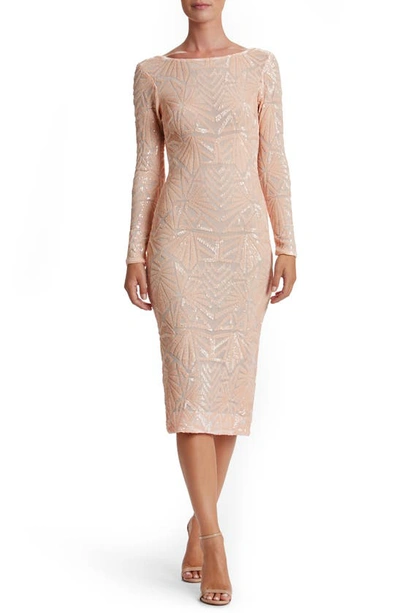 Shop Dress The Population Emery Long Sleeve Sequin Cocktail Dress In Peach/ Nude
