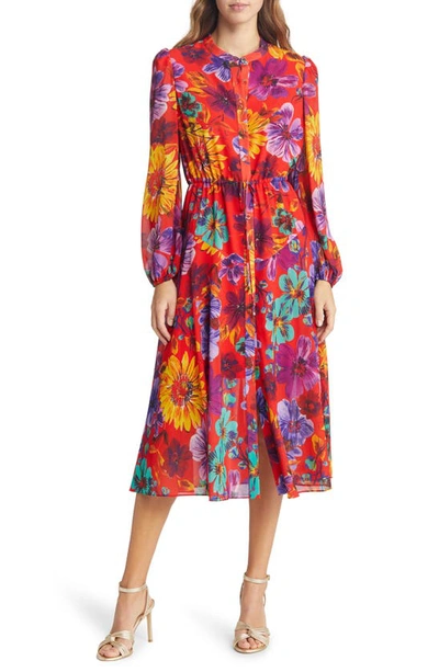 Shop Milly Lorian Wildflower Long Sleeve Dress In Coral Multi