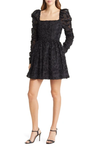 Shop Black Halo Alister Floral Lace Long Sleeve Babydoll Minidress In Onyx Rose