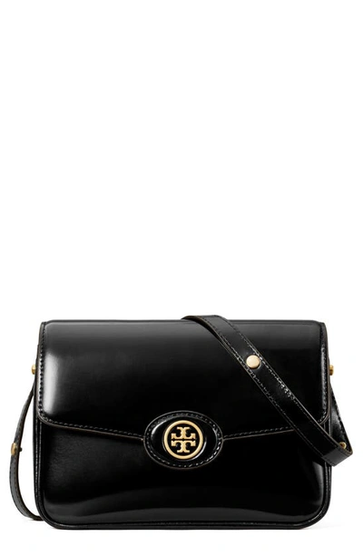 Shop Tory Burch Robinson Spazzolato Leather Shoulder Bag In Black