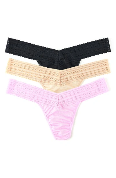 Hanky Panky Dream Original-rise Jersey Thongs 3-pack In Chai/ Black/ Cotton Candy Pink