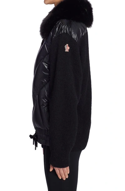 Shop Moncler Quilted Down & Knit Cardigan With Faux Fur Collar In Black
