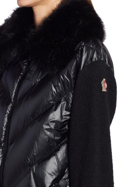 Shop Moncler Quilted Down & Knit Cardigan With Faux Fur Collar In Black