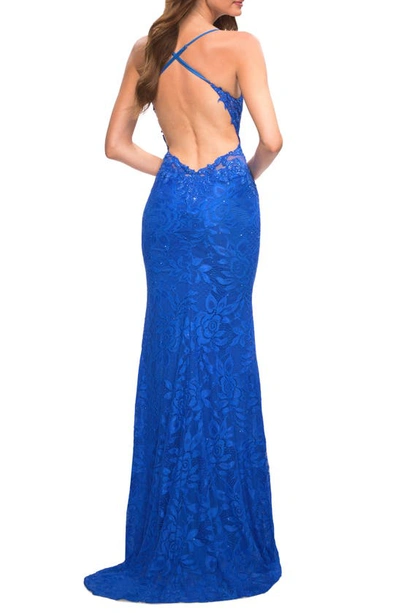 Shop La Femme Stretch Lace Gown In Royal Blue