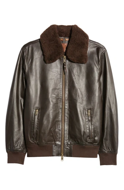Shop Frye Leather Bomber Jacket With Removable Faux Shearling Collar In Dark Brown