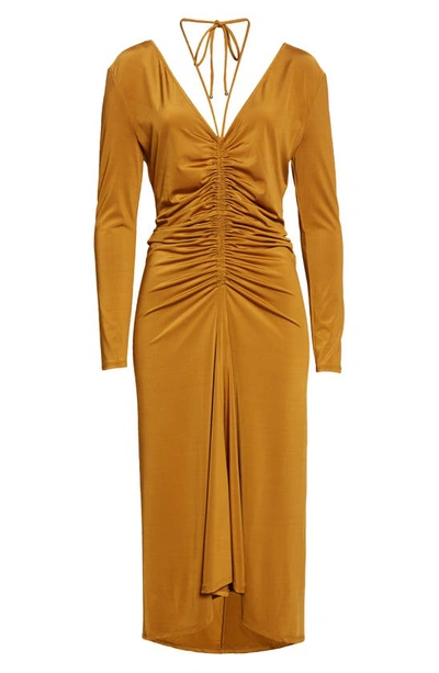Shop Veronica Beard Gilbert Ruched Long Sleeve Dress In Antique Gold