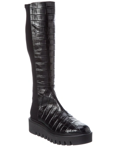Shop Stuart Weitzman Chalet Lug City Croc-embossed Leather Knee-high Boot In Black