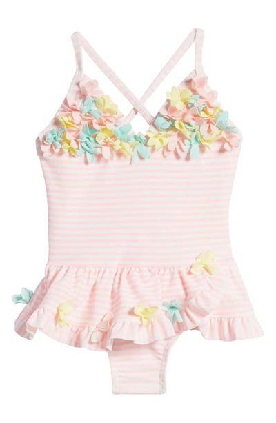 Shop Little Me Stripe 3d Floral Skirted One-piece Swimsuit In Pink