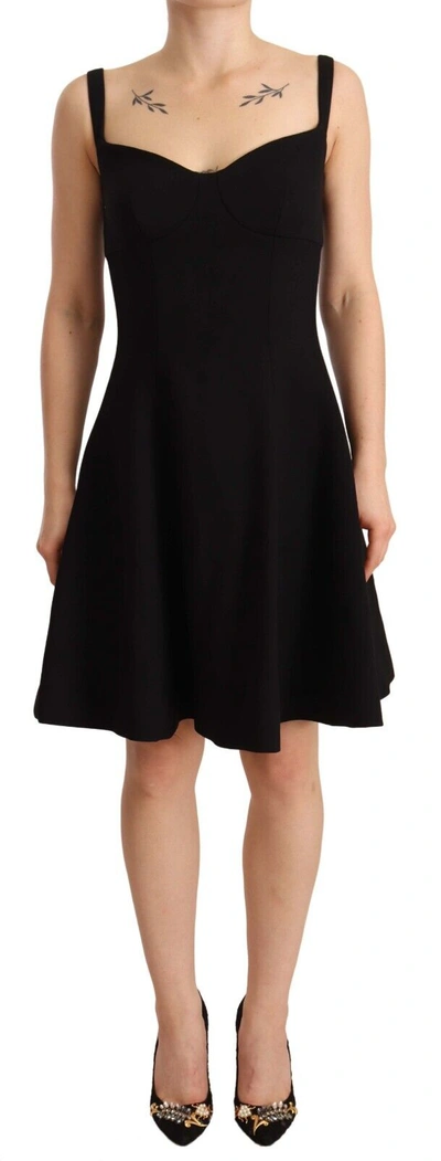 Dolce & Gabbana Black Fit Flare Wool Stretch Sheath Dress In Black