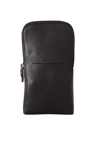 Dolce & Gabbana Black Leather Men Purse Double Belt Strap Bracelet Bag In Black