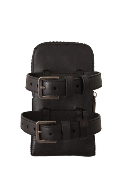 Dolce & Gabbana Black Leather Men Purse Double Belt Strap Bracelet Bag In Black