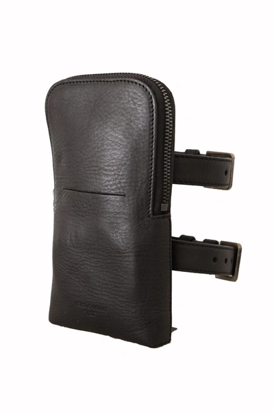 Dolce & Gabbana Black Leather Men Purse Double Belt Strap Bracelet Bag In Black