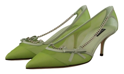 Shop Dolce & Gabbana Green Mesh Leather Chains Heels Pumps Women's Shoes