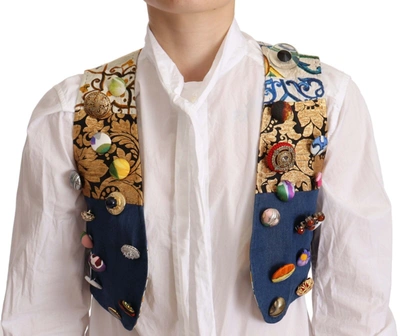 Dolce & Gabbana Multicolor Embellished Waist Coat Cotton Top In Multicolor