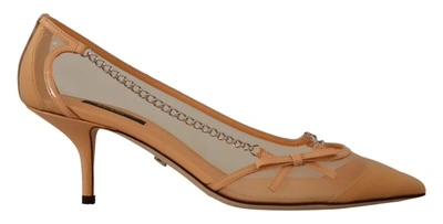 Shop Dolce & Gabbana Peach Mesh Leather Chains Heels Pumps Women's Shoes In Beige