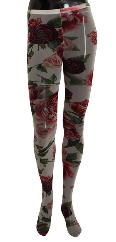 Shop Dolce & Gabbana White Roses Print Stockings Nylon Women's Tights