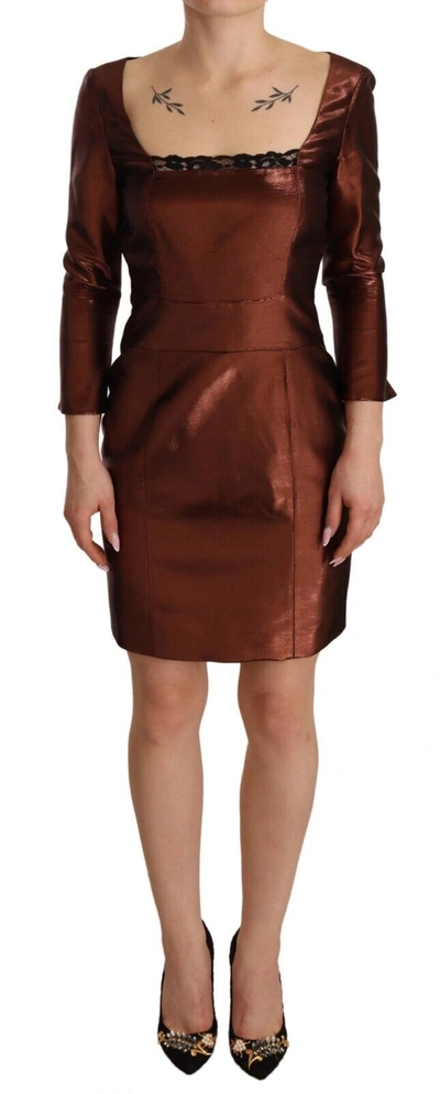 Shop Gianfranco Ferre Gf Ferre Metallic Brown Long Sleeves Square Neck Sheath Women's Dress In Bronze