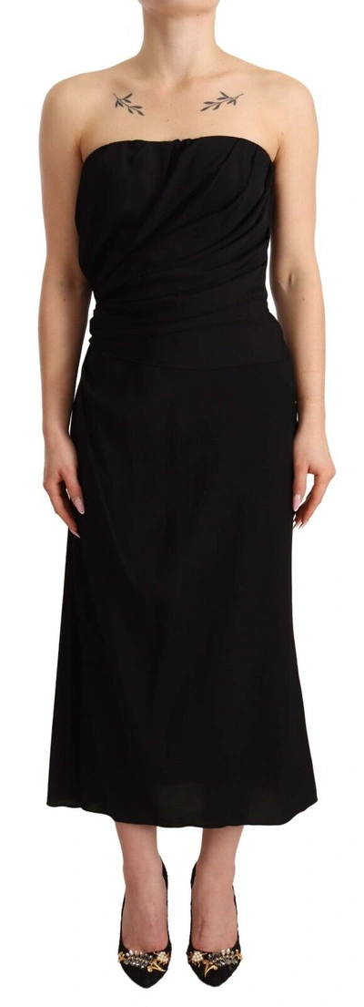Dolce & Gabbana Black Silk Stretch Strapless Sheath Midi Dress In Black