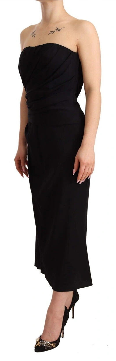 Dolce & Gabbana Black Silk Stretch Strapless Sheath Midi Dress In Black