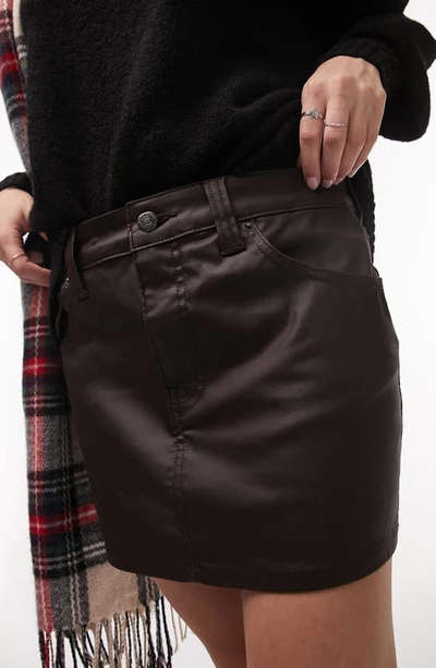Shop Topshop Coated Denim Miniskirt In Brown