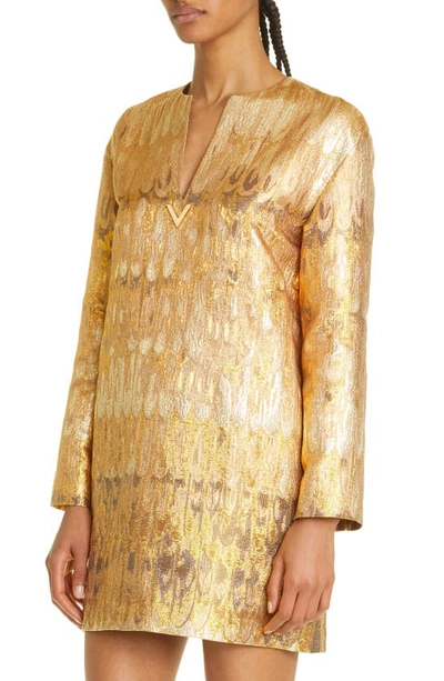 Shop Valentino Long Sleeve Golden Wings Brocade Shift Dress In G70-gold
