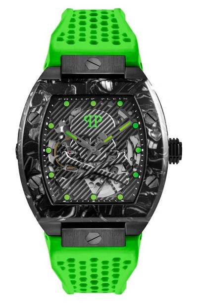 Shop Philipp Plein The $keleton $port Master Silicone Strap Watch, 44mm In Ip Black/ Green