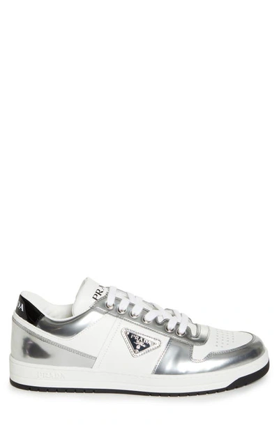 Shop Prada Downtown Logo Metallic Low Top Sneaker In Bianco/ Argento