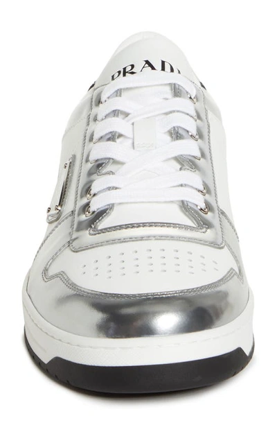 Shop Prada Downtown Logo Metallic Low Top Sneaker In Bianco/ Argento