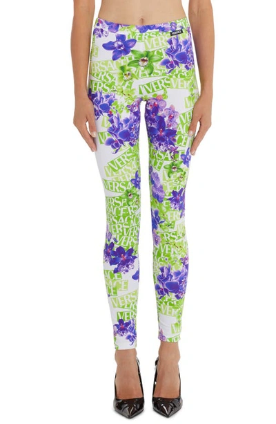 Shop Versace Orchid Print Leggings In White/ Green