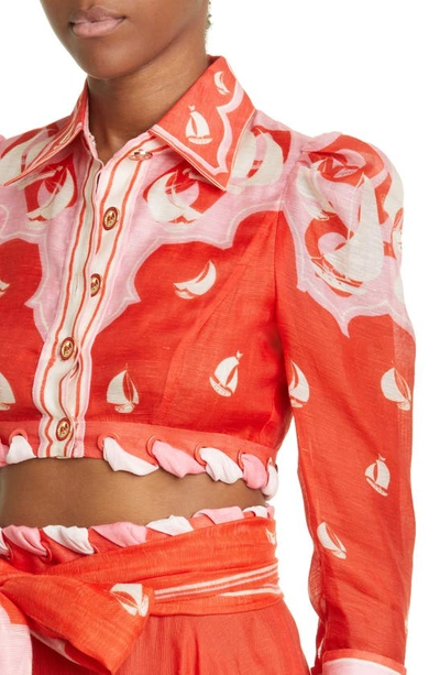 Shop Zimmermann High Tide Eyelet Crop Linen & Silk Button-up Shirt In Red Sailboats