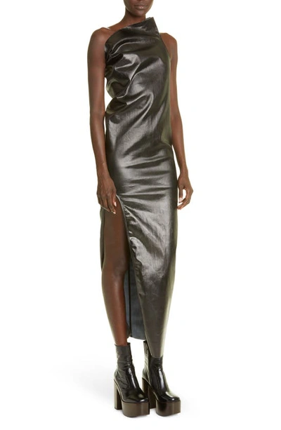 Shop Rick Owens Athena One-shoulder Coated Denim Gown In Black