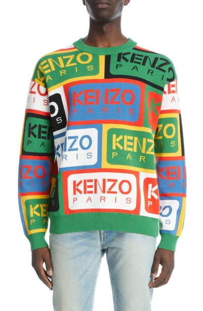 Shop Kenzo Logo Label Jacquard Crewneck Cotton Sweater In Mu - Multicolor