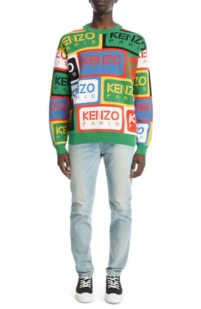 Shop Kenzo Logo Label Jacquard Crewneck Cotton Sweater In Mu - Multicolor