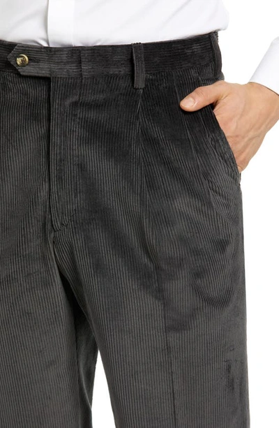 Shop Berle Italian 8-wale Luxury Corduroy Pleated Trousers In Charcoal