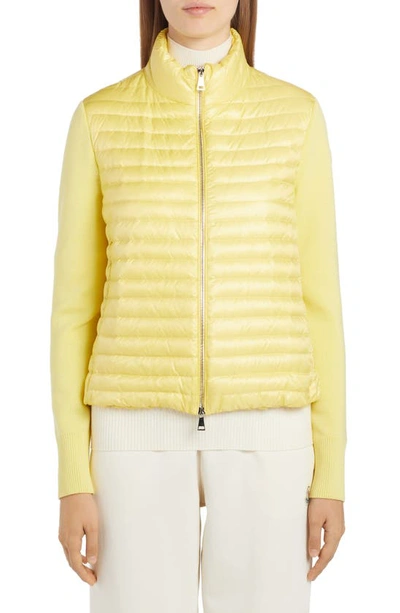 Shop Moncler Quilted Down & Knit Cardigan In Yellow