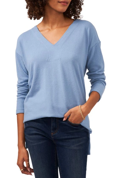 Shop Vince Camuto Drop Shoulder Cozy V-neck Knit Top In Canyon Blue