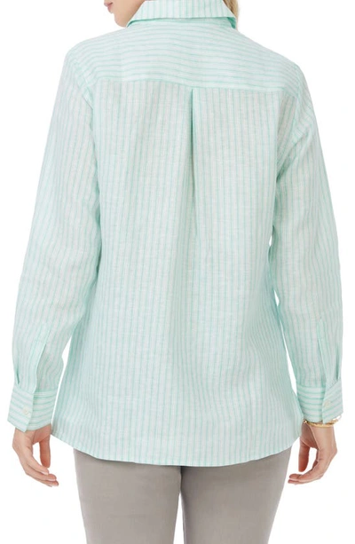 Foxcroft Jordan Stripe Linen Button-up Shirt In Sea Mist