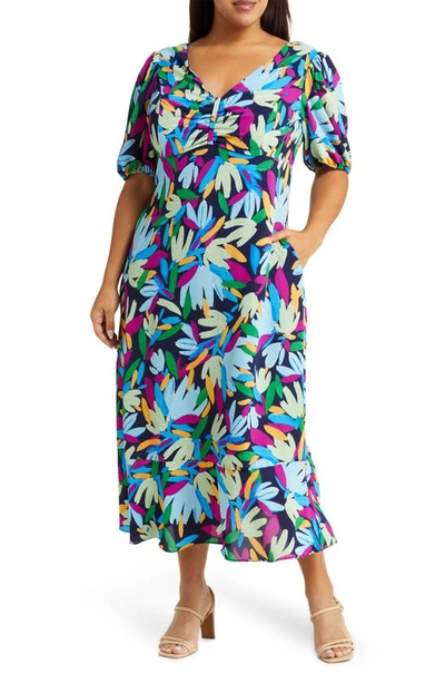 Shop Donna Morgan Floral Print Ruffle Hem Dress In Navy/ Lt. Blue